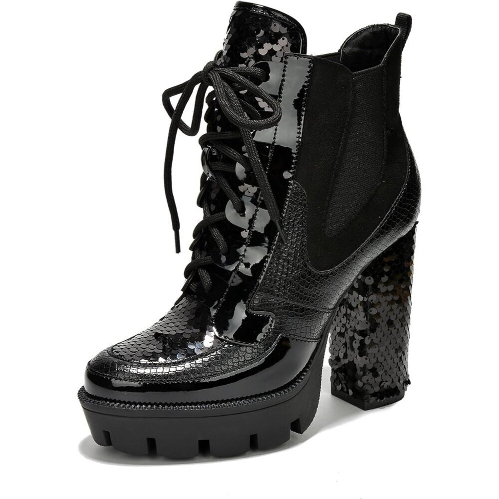 Women's Black Cape Robbin Heeled for Sparkly Sequin Platform Chelsea Boots